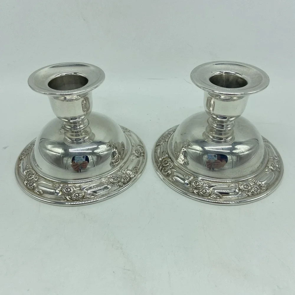 Oneida Park Lane Silver-Plated Candlestick Holders Pair Floral Rose Taper MCM